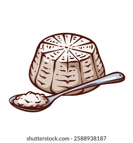 Ricotta in spoon and round block line icon. Outline hand drawn healthy Italian whey cheese for eating with calcium and protein. Dairy product mascot, cottage cheese snack icon vector illustration