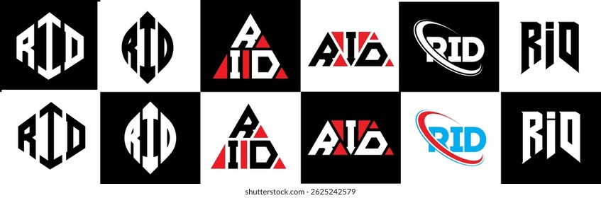 RID letter logo design in six style. RID polygon, circle, triangle, hexagon, flat and simple style with black and white color variation letter logo set in one artboard. RID minimalist and classic logo
