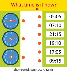 Riddle the children clock. What time is it now? Kids puzzle. Children funny entertainment and amusement. Help to understand the clock time. Vector illustration.