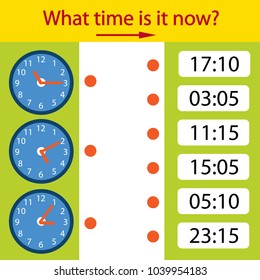 Riddle the children clock. What time is it now? Kids game the page. Children funny entertainment and amusement. Help to understand the clock time. Vector illustration.