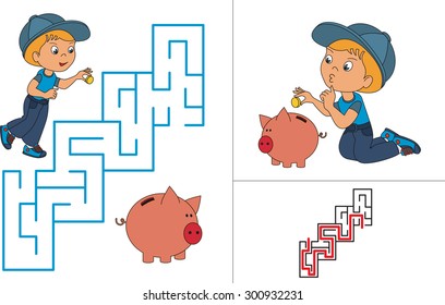 Riddle game. One cartoon baby boy play with pig bank and coin. Maze game for kids. Find correct way. Task and answer. 
