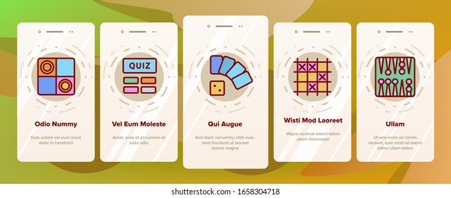 Riddle Play Onboarding Icons Set Vector. Riddle Board Game, Puzzle With Entry And Exit, Backgammon And Tic Tac Toe Illustrations