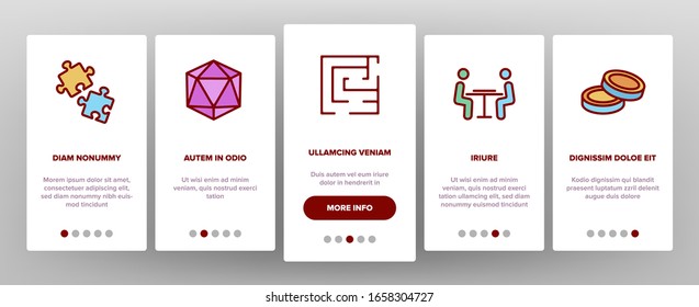 Riddle Play Onboarding Icons Set Vector. Riddle Board Game, Puzzle With Entry And Exit, Backgammon And Tic Tac Toe Illustrations