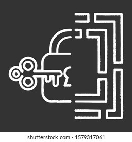 Riddle solution finding chalk icon. Maze, key-lock puzzle. Mental exercise. Logic game. Ingenuity, knowledge, intelligence test. Brain teaser. Problem solving. Isolated vector chalkboard illustration