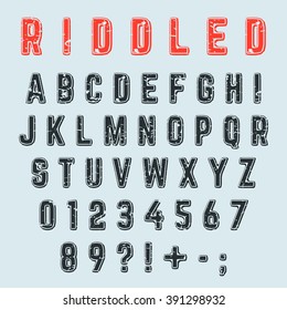 Riddled alphabet font. Letters, numbers and punctuation marks grunge design. Vector illustration.