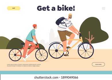 Ride a bike concept of landing page with father and son cycling together in park. Cute boy with dad on bicycles. Parent and kid bicycling. Cartoon flat vector illustration