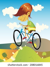 Ride a bike. Illustration of a skinny boy with red head riding a blue bike in summer. Hilly landscape under the blue sky with white clouds.