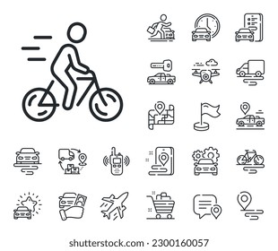 Ride a bike sign. Plane, supply chain and place location outline icons. Cyclist line icon. Outdoor and city transport symbol. Cyclist line sign. Taxi transport, rent a bike icon. Travel map. Vector