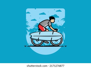 Ride a bike with a surf board illustration design