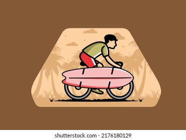 Ride a bike with a surf board illustration design