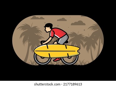 Ride a bike with a surf board illustration design