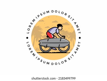 Ride a bike with a surf board illustration design