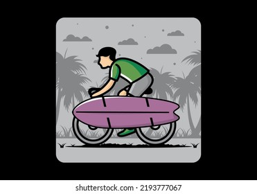 Ride a bike with a surf board illustration design