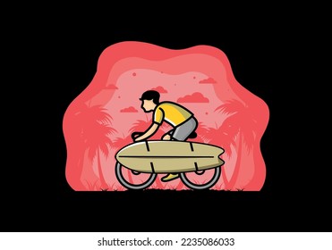 Ride a bike with a surf board illustration design