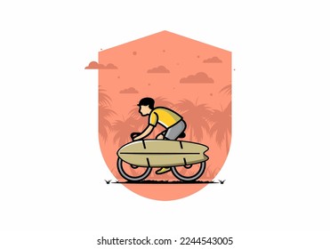 Ride a bike with a surf board illustration design
