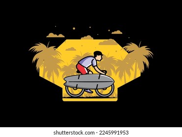 Ride a bike with a surf board illustration design