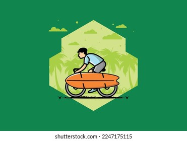 Ride a bike with a surf board illustration design