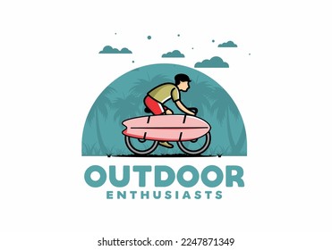 Ride a bike with a surf board illustration design