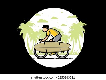Ride a bike with a surf board illustration design