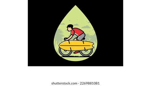 Ride a bike with a surf board illustration design