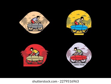 Ride a bike with a surf board illustration design