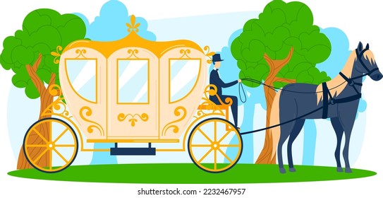 Ride carriage transport with horse, vehicle at nature vector illustration. Transportation by old coach, man travel with vintage wagon.