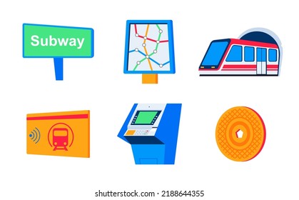 Viaje en el metro de la ciudad - conjunto de iconos de diseño plano. Imágenes coloridas y de alta calidad del mapa de líneas subterráneas, estación, túnel, tren de alta velocidad, tarjeta de pasajeros, cajero automático, token. Viajes y transporte