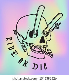 Ride or die - Skull with skis and poles outside of eyes and mouth - on hologram sticker background