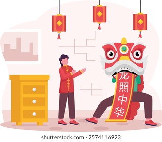 Ride the dragon dance rehearsal concept, dance trooper wearing Peking Opera Masks vector design, Chinese New Years Beginnings scene, Zodiac Wood Snake 2025 banner, China Spring Festival illustration