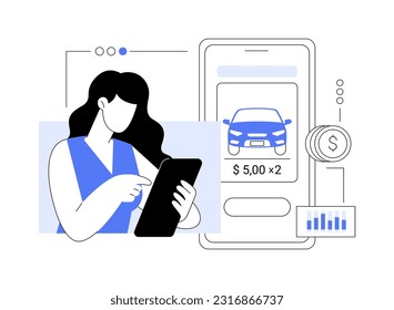 Ride dynamic pricing abstract concept vector illustration. Woman use taxi app to calculate a ride pricing, ordering a commercial city transport, rideshare company services abstract metaphor.