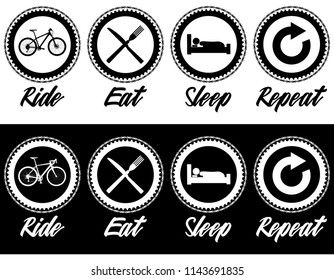 ride, eat, sleep, repeat, a simple day of a cyclist, ideal fot t shirts, stamps or stickers. vector illustration bike. routine