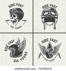 Ride fast die young. Racer helmets, wheel with wings. Design elements for poster, emblem, sign, t shirt. Vector illustration