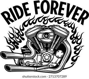 Fahrt für immer Typografie mit Motorradmotor für Biker-Logo-Design, mechanische Garage-Abzeichen, benutzerdefinierte Chopper Emblem und einzeln auf transparentem Transport grafische Illustration