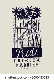 Ride freedom machine - tropical palm-trees vintage bicycle typography t-shirt print