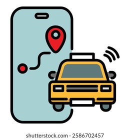 Ride hailing app color-filled round line vector icon with editable stroke, symbolizing transportation services provided by ride-hailing platforms like Uber or Lyft.