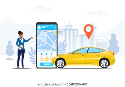 Ride hailing app on a mobile phone in a city with location markers and an African lady or businesswoman ordering a yellow car, vector illustration