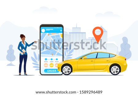 Ride hailing app on a mobile phone in a city with location markers and an African lady or businesswoman ordering a yellow car, vector illustration