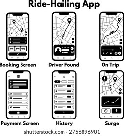 Ride Hailing Mobile App UI UX Wireframe Interface Design Vector Illustration