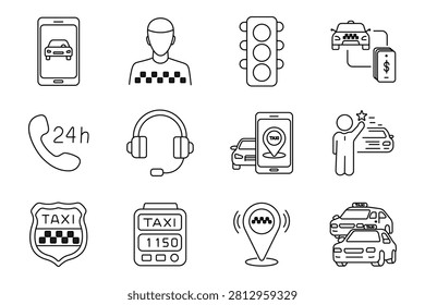 Ride hailing set icon. Smartphone booking, illuminated signal, twentyfour hotline, navigation headset, passenger rating, electronic taximeter, wireless pickup locator, urban cabfleet.