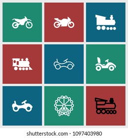Ride icon. collection of 9 ride filled and outline icons such as bike, locomotive, motorbike. editable ride icons for web and mobile.