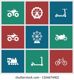 Ride icon. collection of 9 ride filled icons such as ferris wheel, kick scooter, motorcycle, locomotive, bicycle. editable ride icons for web and mobile.