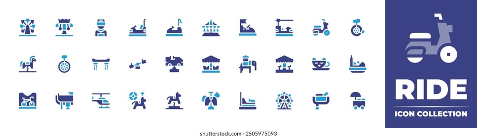 Ride icon collection. Duotone color. Vector illustration. Containing ponyride, kiddleride, helicopterride, saddle, bike, car, unicycle, hoverboard, monocycle, carousel, betting.