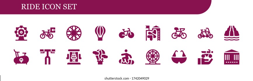 ride icon set. 18 filled ride icons.  Simple modern icons such as: Ferris wheel, Bicycle, Spoke wheel, Hot air balloon, Bike, Slide, Tandem, Handlebar, Roller coaster, Snowboard