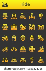 ride icon set. 26 filled ride icons.  Simple modern icons about  - Amusement park, Bike, Ferris wheel, Scooter, Hot air balloon, Roller coaster, Carousel, Slide, Quad, Skateboard