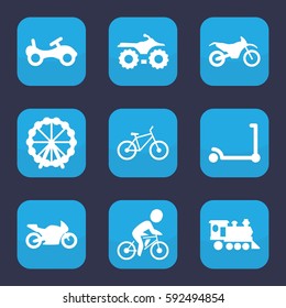 ride icon. Set of 9 filled ride icons such as Ferris wheel, bike, kick scooter, locomotive, bicycle, motorbike