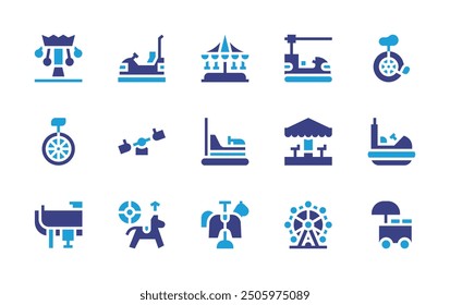 Ride icon set. Duotone color. Vector illustration. Containing saddle, unicycle, amusementpark, monocycle, carousel, bumpercar, betting, ferriswheel.