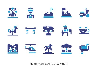 Ride icon set. Duotone color. Vector illustration. Containing ponyride, kiddleride, helicopterride, bike, car, rider, monocycle, bumpercar, hoverboard.