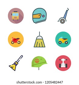ride icon set. vector set about segway, school bus, helmet and broom icons set.