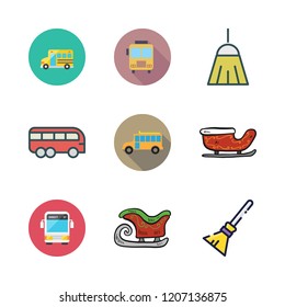 ride icon set. vector set about bus, school bus, broom and sled icons set.