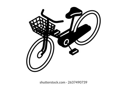 Ride icon, simple and cute isometric black and white line drawing icon of a bicycle, Vector Illustration